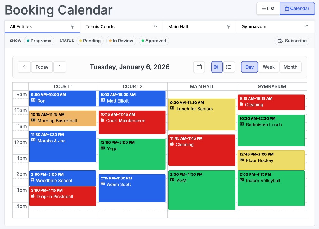 Facility booking calendar day view with real-time availability across multiple spaces and reservation blocks