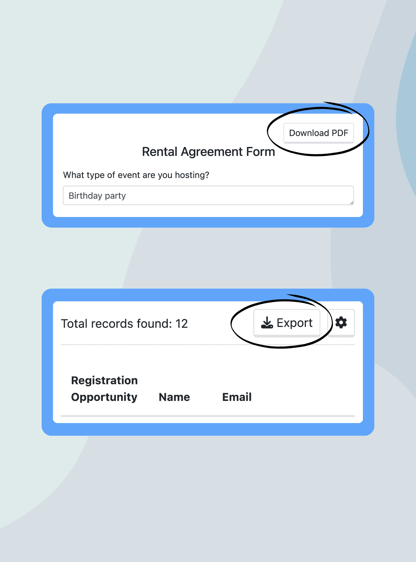 Custom form data export to CSV and PDF reports
