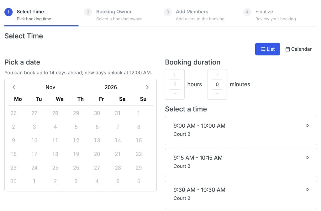 Communal booking flow with available times and facility calendar