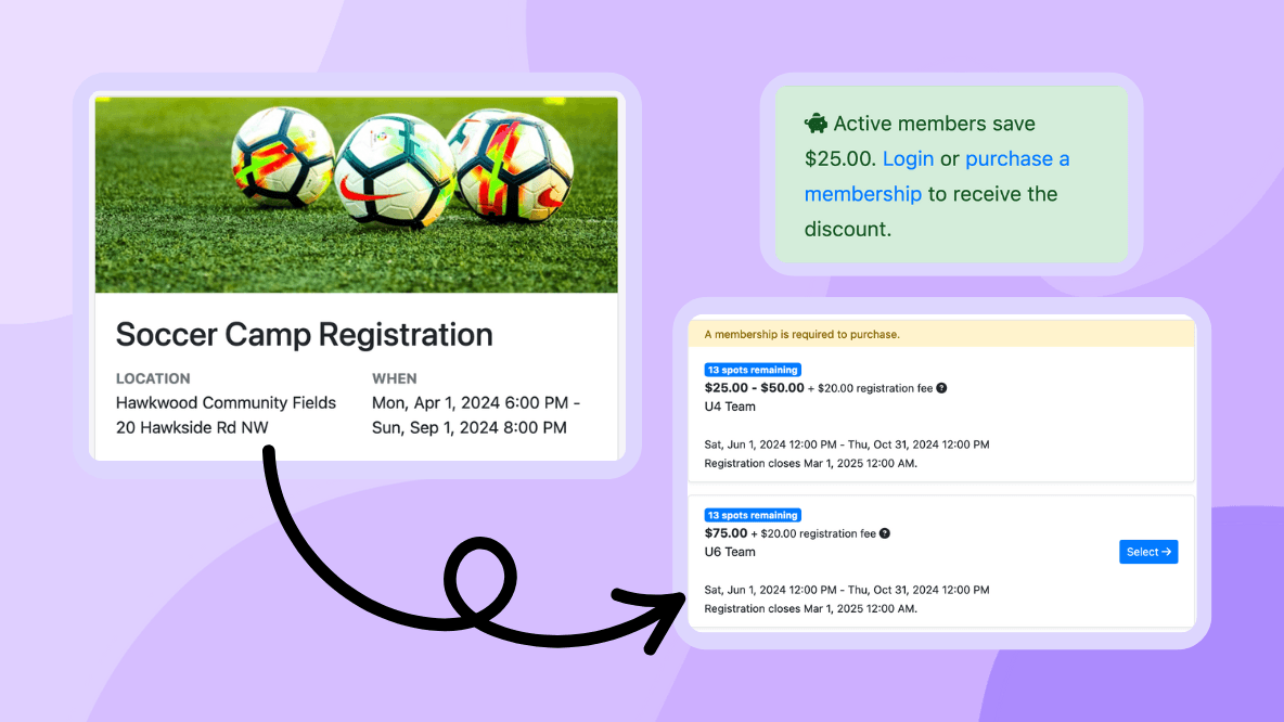 Program pricing configuration showing member rate, guest rate, and early-bird pricing options