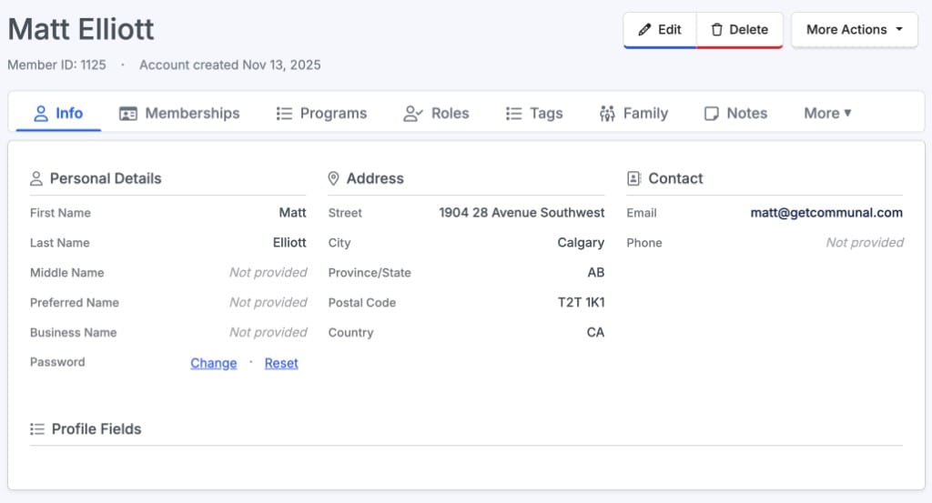 Communal admin member profile with membership status, household details, and activity in one record