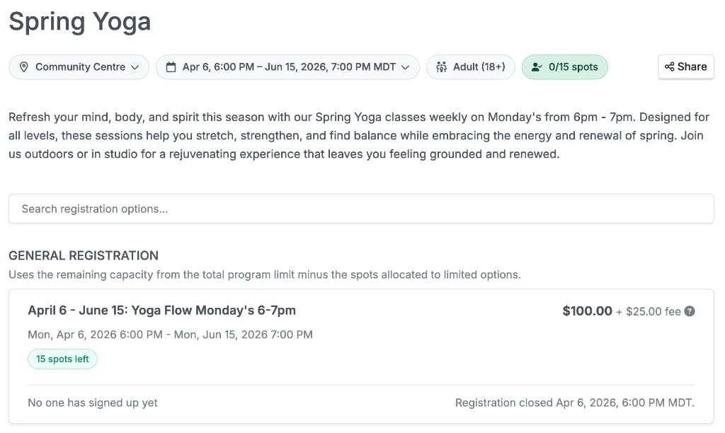 Communal member-facing event registration page with sessions, capacity, and checkout