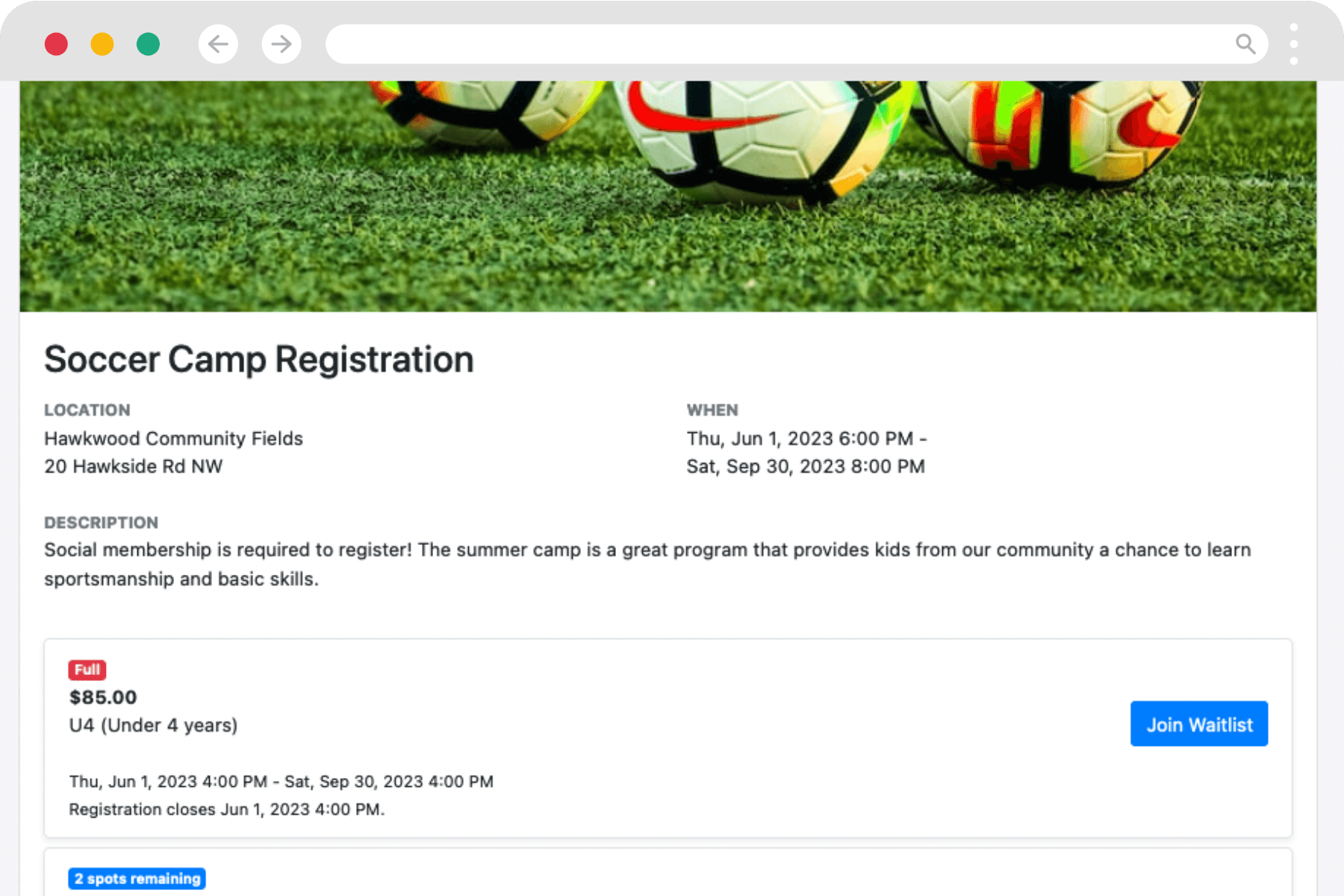 Event registration dashboard showing program details, member pricing, and registration form
