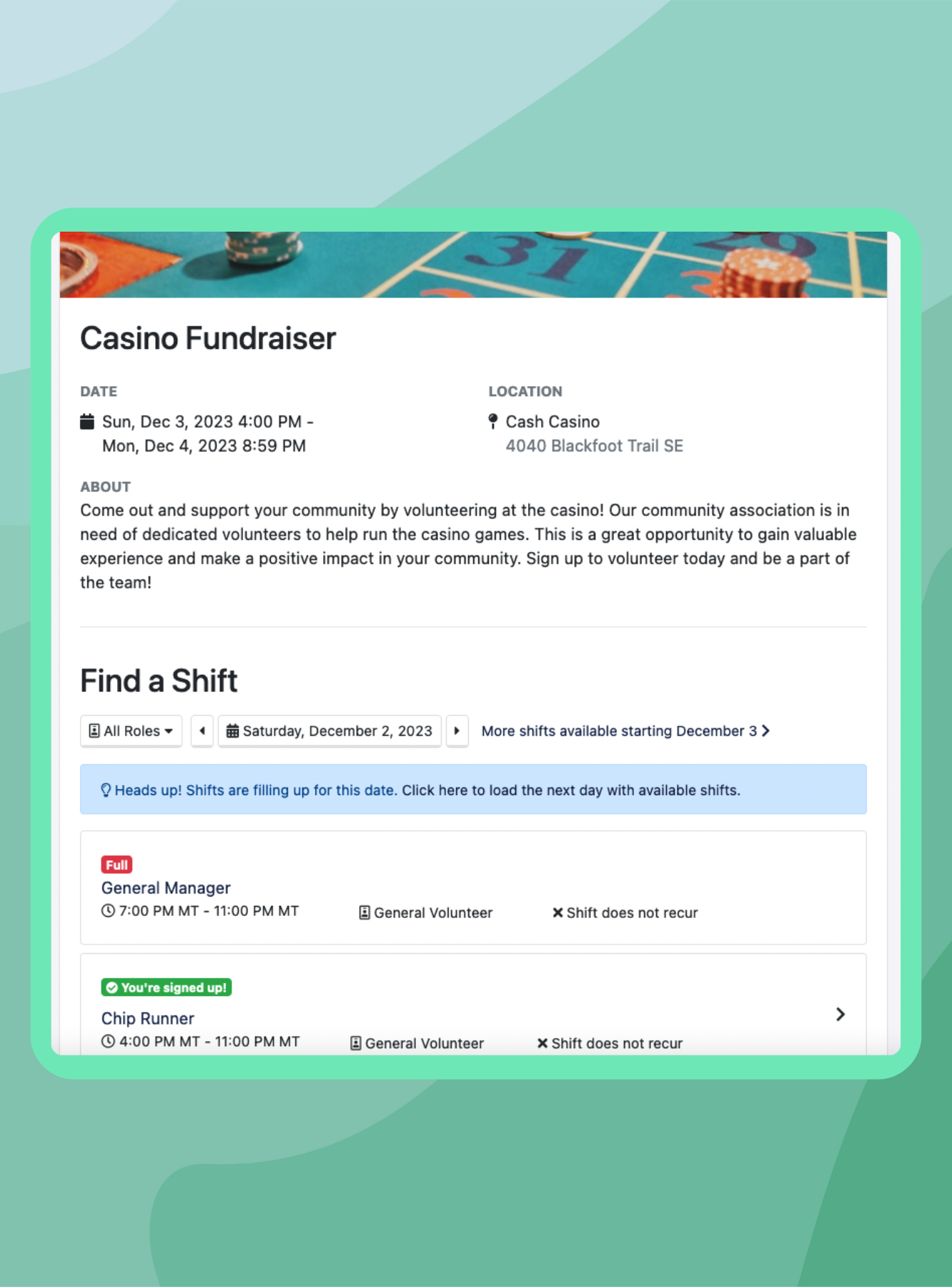 Self-service volunteer shift sign-up portal